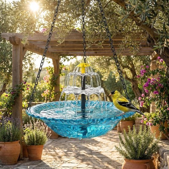 Hangende turquoise glazen fontein met gelaagde waterpartijen, een goudvink drinkt aan de rand.