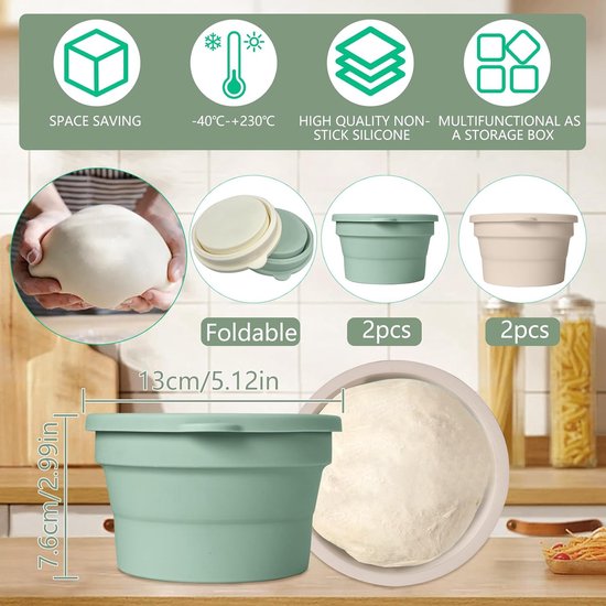 Pizzadeeg Bakjes - Fermentatie Box - Deeg Laten Rijzen - Herbruikbaar Siliconen - 4 Stuks - Groen en Wit — afbeelding 2