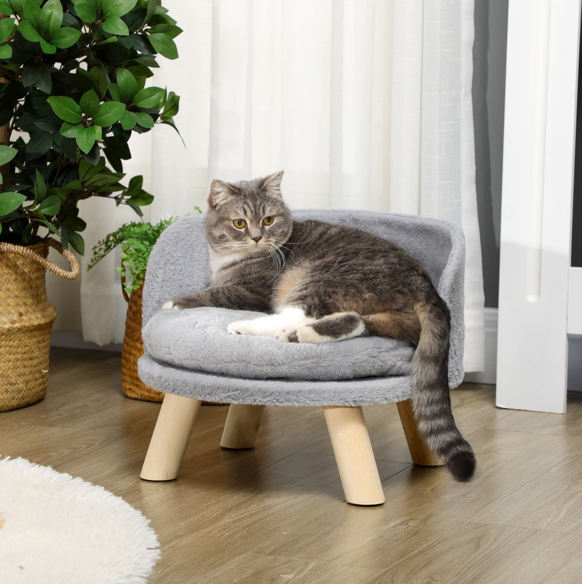 MEUNIQ Dierenbank voor hond en kat 40,5 x 40,5 x 33 cm met uitneembaar kussen, antislip houten poten en verhoogde basis voor binnengebruik in grijs