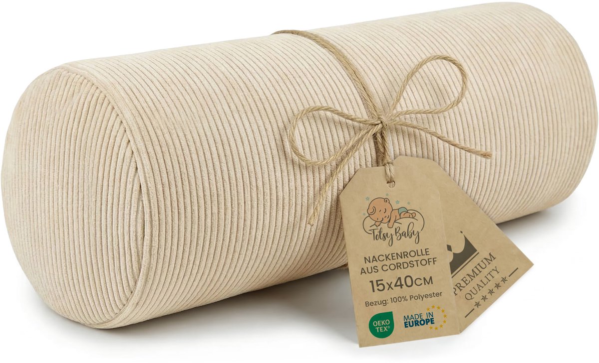 Nekrol met hoes Yoga Bolster Kniekussen Positioneringsrol 40x16 cm - Nekkkussen Kussenrol Yogabolster Kniekussen Sierkussen en klein kussen lange rol Oeko-Tex lichtbeige Corduroy