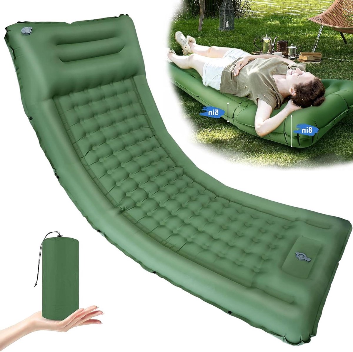 Campingmatras - Slaapmat Kamperen - Buiten slapen - Extra dik 5 inch - 198 x 74 cm - Groen