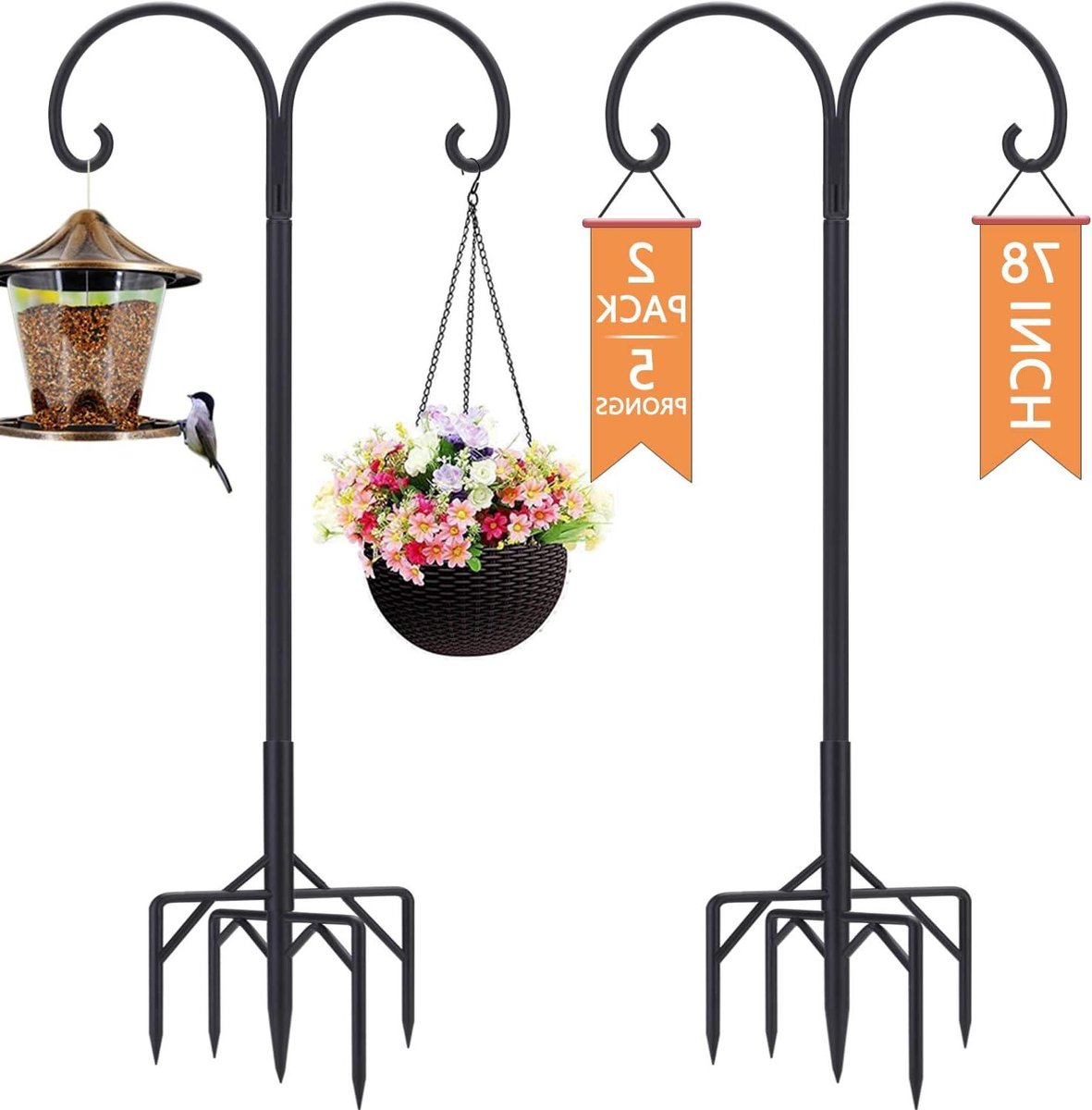 Vogelvoederpaal - Voederstandaard Tuin - Vogels Voeren - Dubbele Herdershaken - 76 Inch - Zwart
