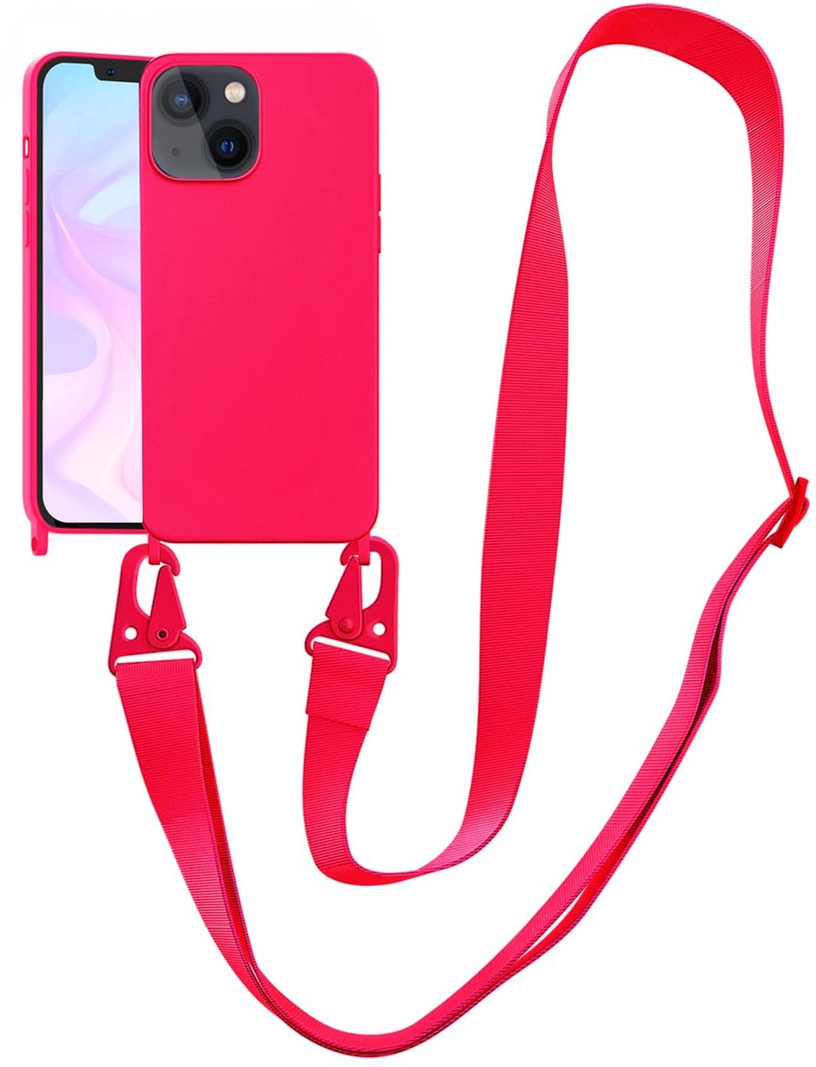 Rossbody hoesje voor iPhone 15, zachte siliconen TPU telefoon ketting hoesje met nylon band, crossbody beschermend telefoonhoesje compatibel met iPhone 15 rose rood