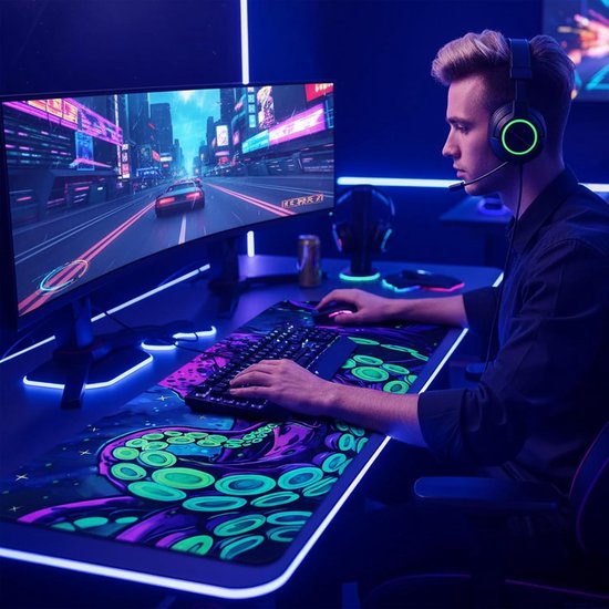 Gaming Muismat Octopus - Desk Pad Neon - Gaming Setup - UV Reactief Ontwerp - 80 x 30 cm - Zwart — afbeelding 2