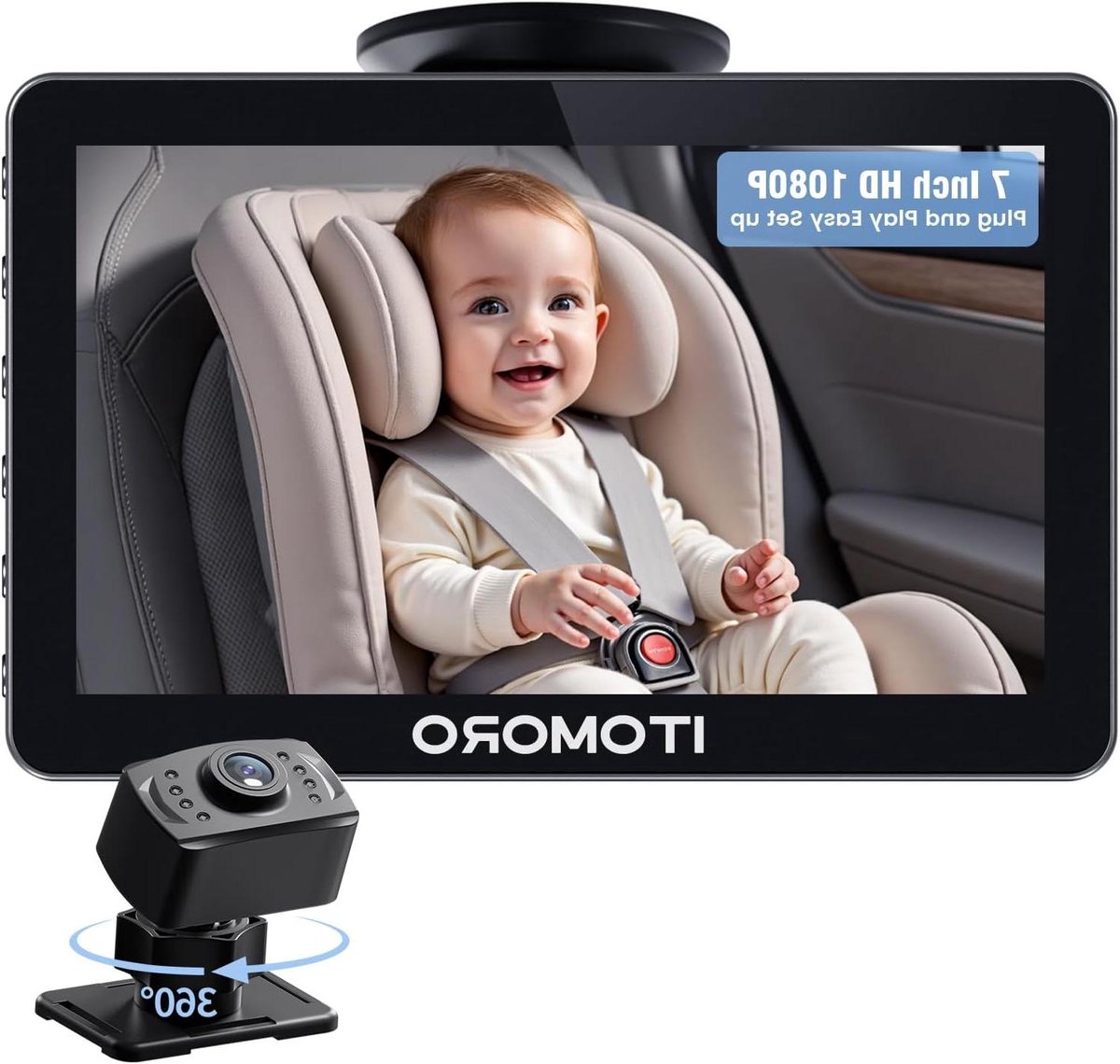 Baby Auto Camera - Baby Monitor - Veilig Rijden - 360 Graden Rotatie - 7 inch HD Scherm - Zwart