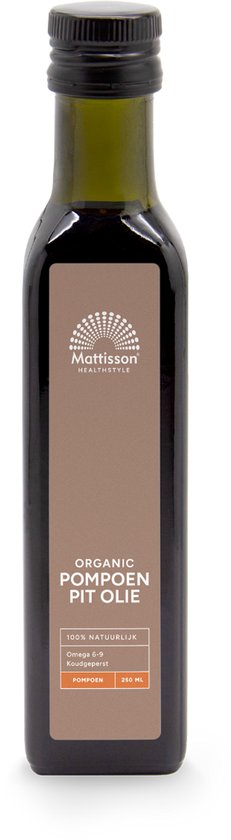 Donkere glazen fles met een bruin en oranje etiket voor 'ORGANIC POMPOEN PIT OLIE'. De tekst '100% NATUURLIJK Omega 6-9 Koudgeperst' staat erop.