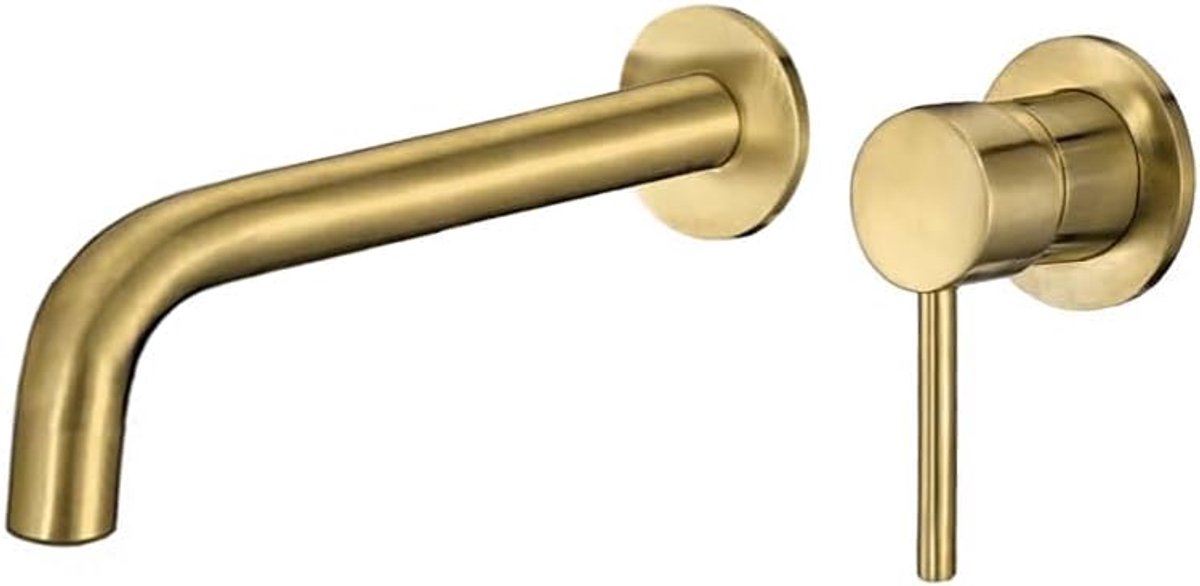 Kraan Wastafel, Goud Mat Inbouw Ronde Eengreepsmengkraan, Goud Mat Uitloop 21cm Dunne Vaste Serie Deva
