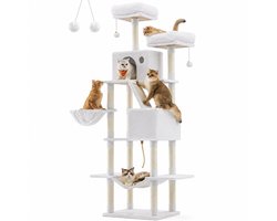SOLEA Krabpaal 206 cm - Grote Kattenboom met 13 Krabpalen - Speeltoren, 2 Grotten, Hangmat & Mand - Voor Katten tot 7 kg - Wit