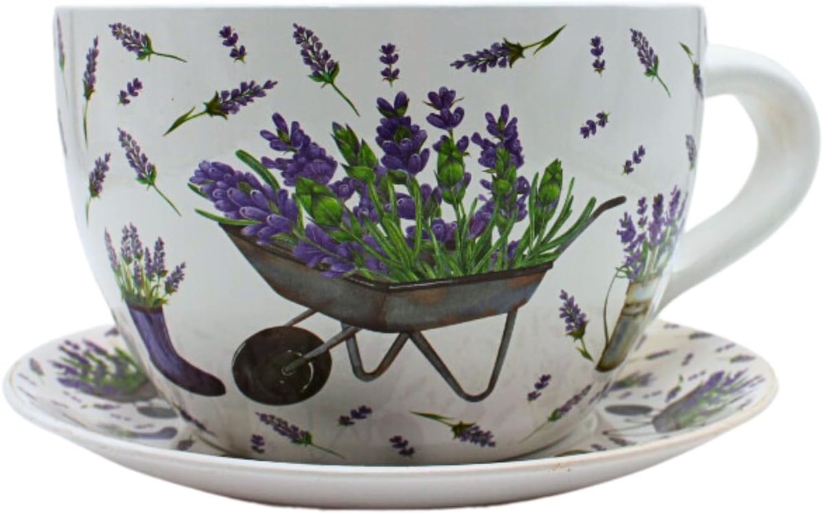 XXL bloempot, plantenbak, plantenbak, plantenbak, bloembak, plantenpot. Pot als mok met handvat van keramiek, motief: lavendel, L/B/H 34 x 28 x 16 cm.