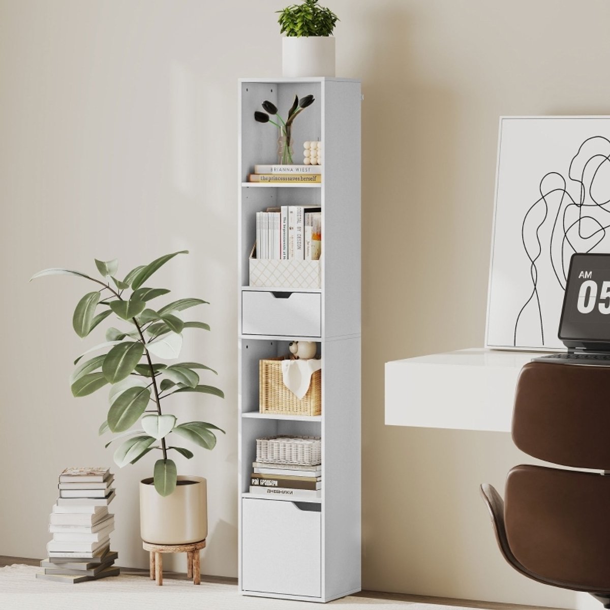 MEUNIQ smalle boekenkast 30 x 24 x 158 cm met 6 niveaus, verstelbare plank, 1 lade en gesloten opbergvak, staande opbergkast voor woonkamer of werkkamer, wit
