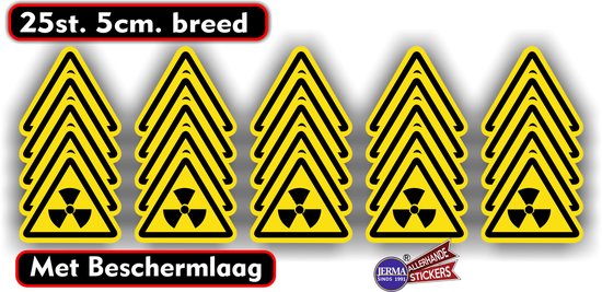 25 autocollants de signalisation radioactive, 5cm de large, avec couche de protection. JERMA ALLERHANDE STICKERS.