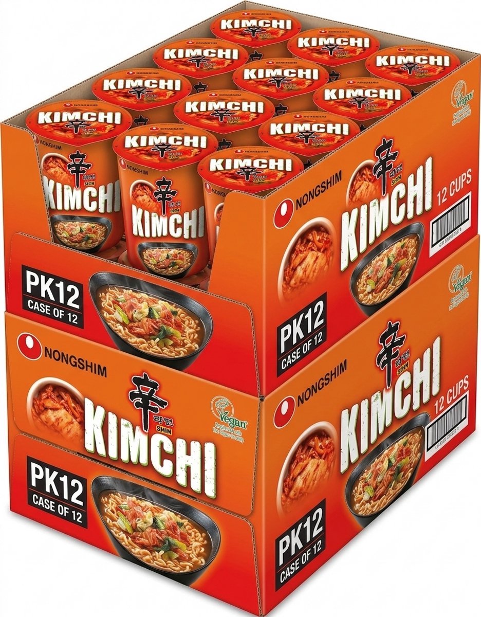 Nong Shim Kimchi Ramen Cup - Authentieke Koreaanse Instant Noedels - Snelle Bereiding - Voordeelverpakking 12 x 75g - Premium Pittige Noedelsoep - Koreaanse Kimchi Smaak - Direct Klaar - 24 Bekers Met Kajal Sticker