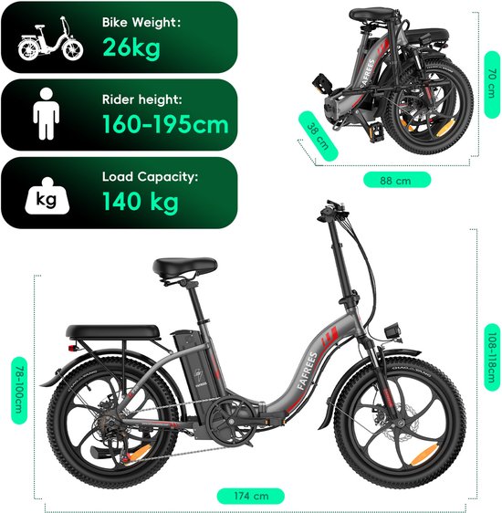 Fafrees F20 Opvouwbare Elektrische Fiets - 20" Vetbanden, 36V 18Ah Accu, 120km Bereik, 7-Speed Shimano, Dubbel Geveerd van FAFREES — afbeelding 3