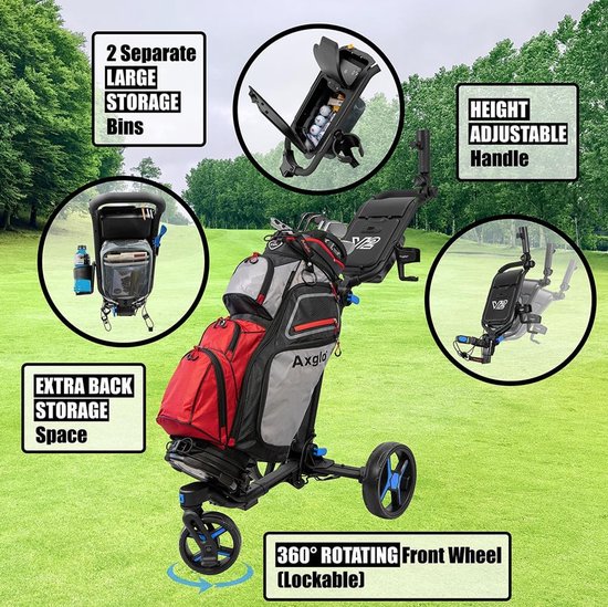 Golftrolley 3 Wielen - Golfkar Golfbuggy - Golfen Ondersteunen - 360 Graden Voorwiel - 35 x 28 x 65 cm — afbeelding 5