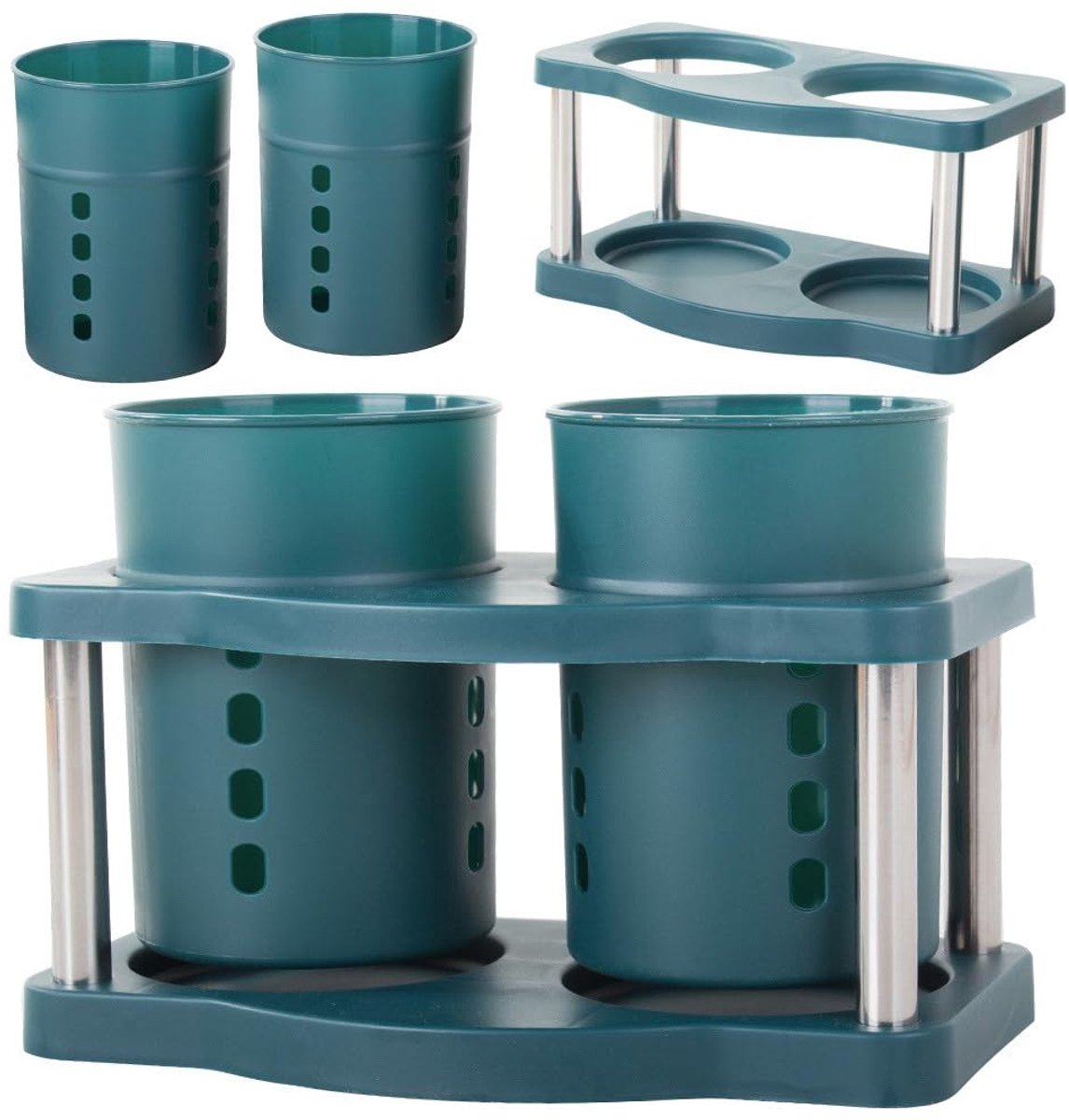 Organizador escurridor de cubiertos con tres compartimentos y depósito de agua separado - Mantener los cubiertos secos y ordenados - 17x11x11cm