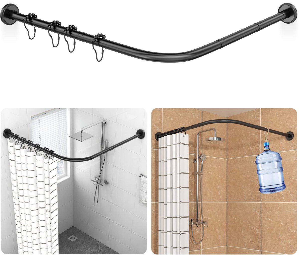 Douchegordijnstangen Verstelbare L-vorm incl. 18 ringen douchegordijnhoekstangen zonder plafondhouder uitbreidbaar douchestang hoek, roestvrij, boorinstallatie, bad & douche (zwart, 70-100×70-100cm)