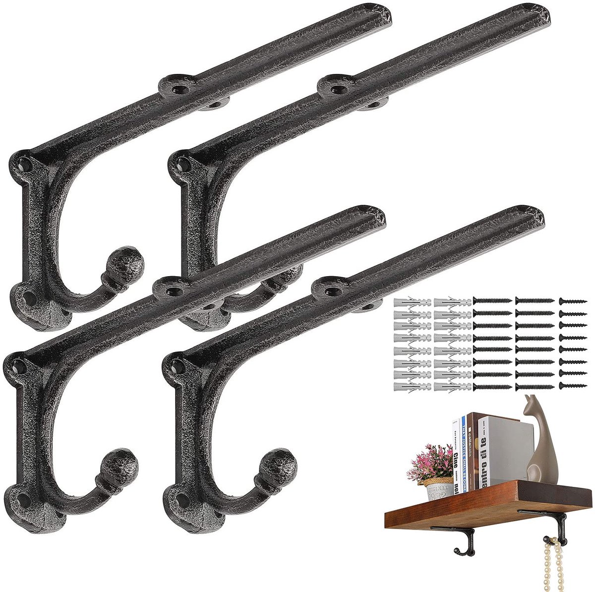 SnelShoppen - Metalen Planksteun met Haken, Robuuste Rustieke Wandplank Houder, Retro Planksteun, 20 x 8.5 cm, Set van 4