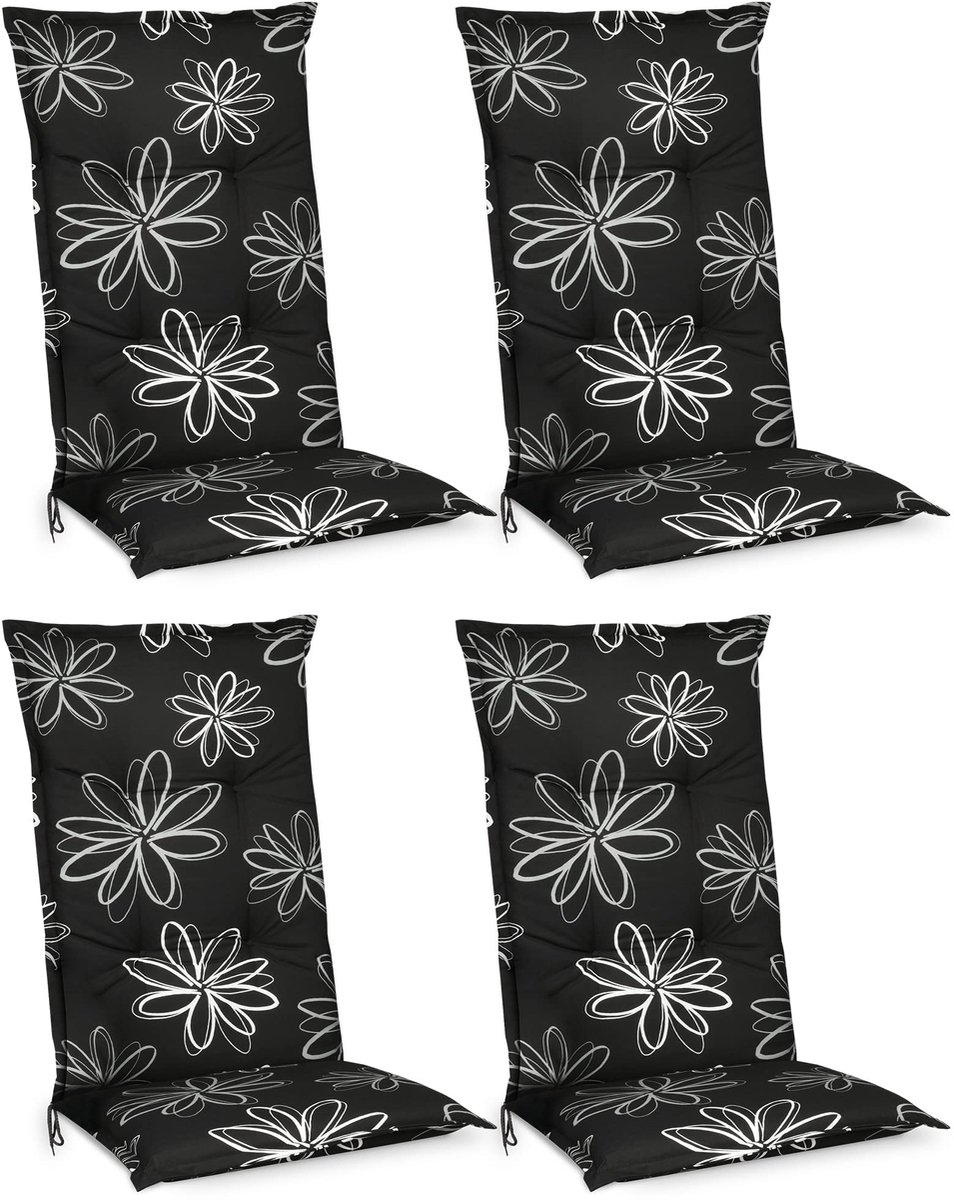 Beautissu Set van 4 Tuinkussens Hoge Rug Flores – Tuinstoel Zitkussen 120x50 cm met UV-lichtechtheid – Buiten Stoelkussen Hoge Rugleuning voor Tuinstoelen in Zwart met Bloemen