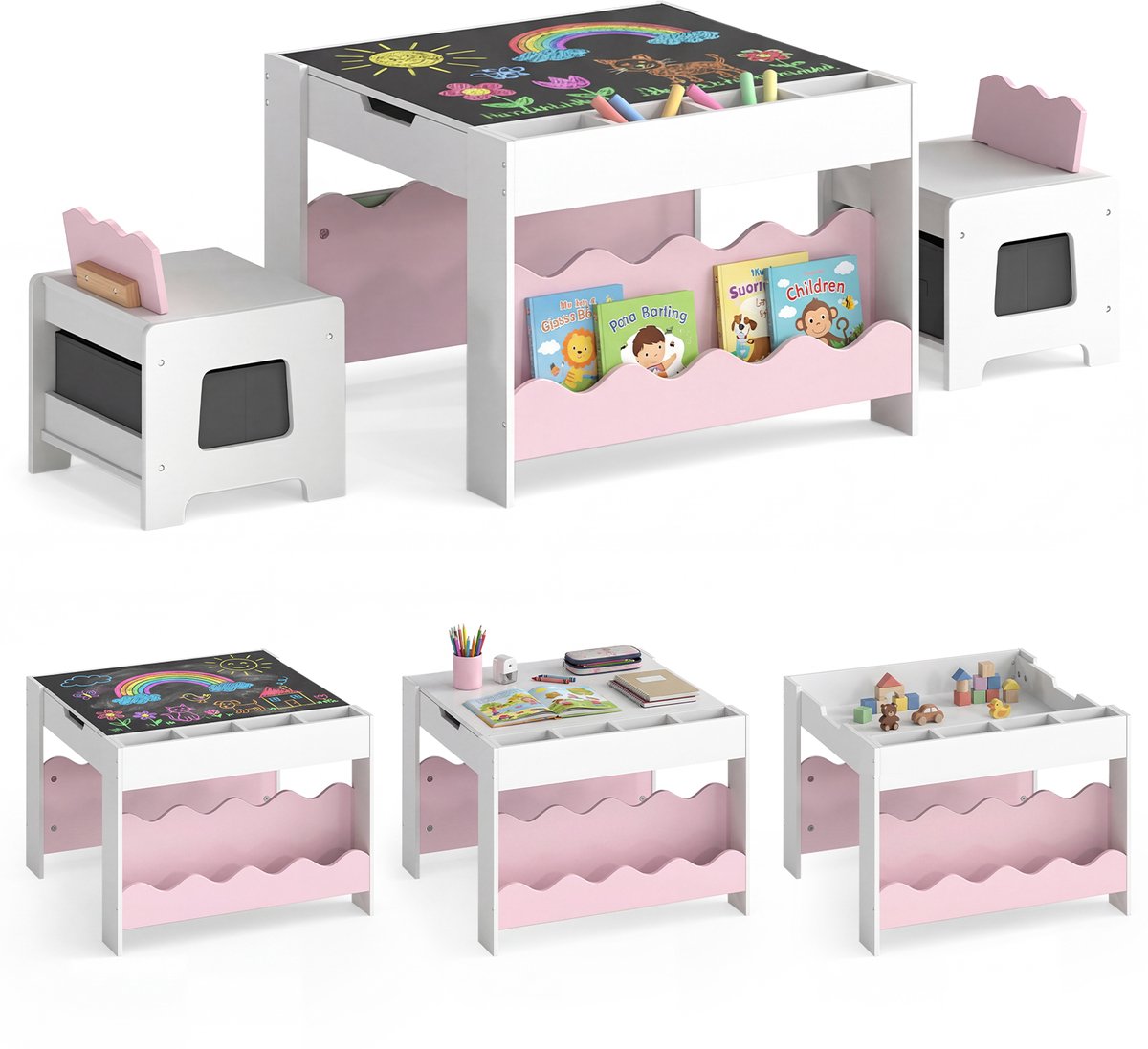 COSTWAY Kindertafel met 2 Stoelen, 3-delige Kinderset met Opbergruimte | 4-in-1 Kindertekentafel met Omkeerbaar Tafelblad, Boekenplank & Stoffen Laden, Knutseltafel voor Kinderen vanaf 3 Jaar, Roze