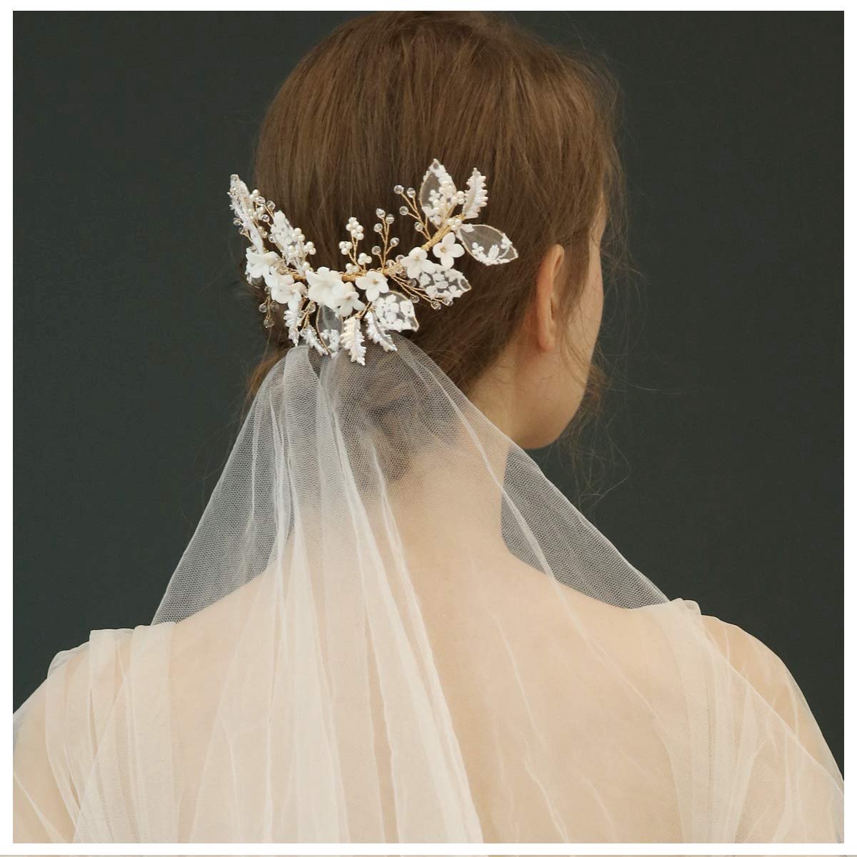 BEAR Bruids sieraden bloemen haar kammen voor vrouwen bruiloft accessoires, gesimuleerde parel en strass (keramische kant bloem)