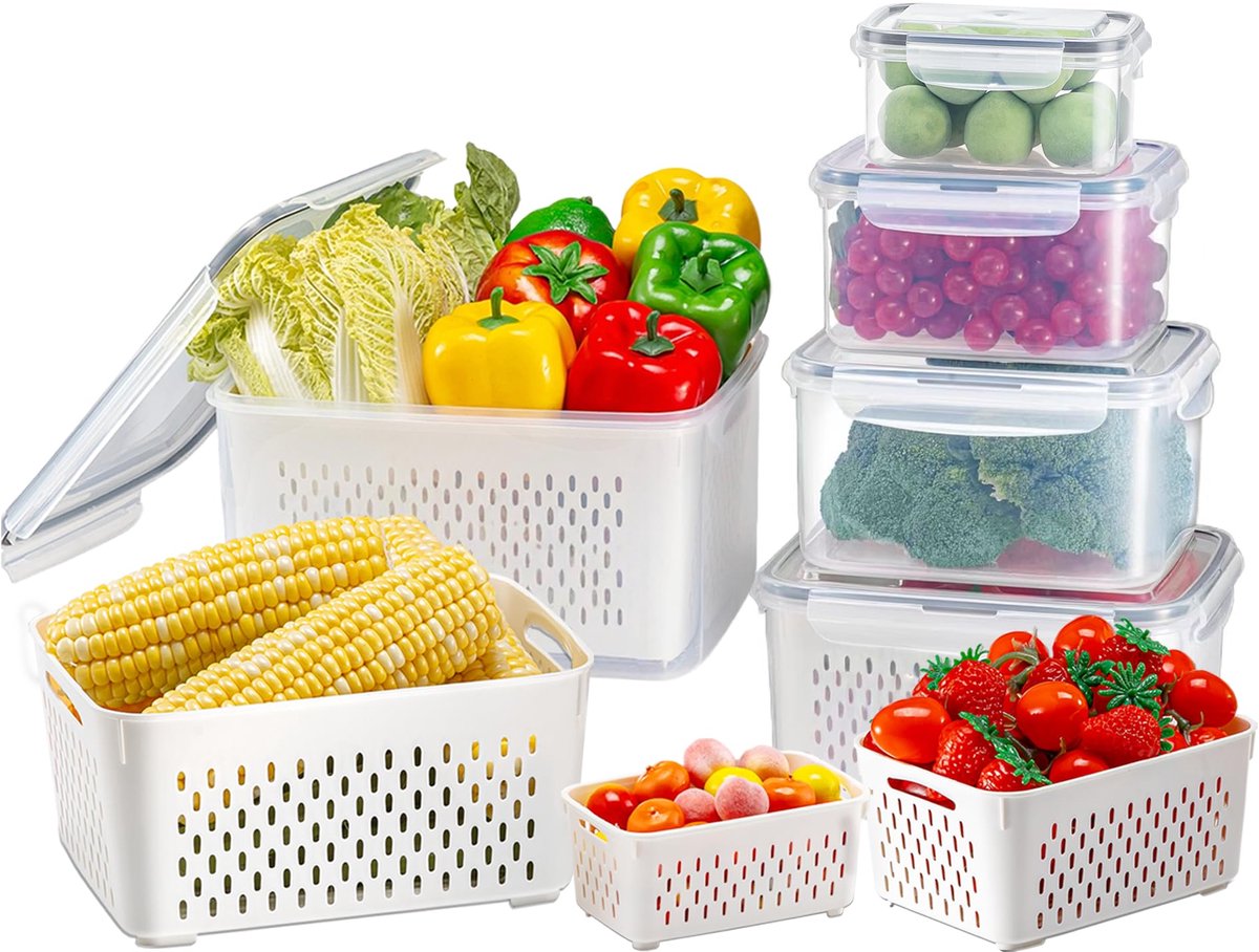 5-pack fruitbewaarcontainers voor koelkast, groenteopslag met luchtdichte deksels, verwijderbaar vergiet, BPA-vrij, magnetron- en vaatwasserbestendig, houd salade, sla, groenten, vlees vers
