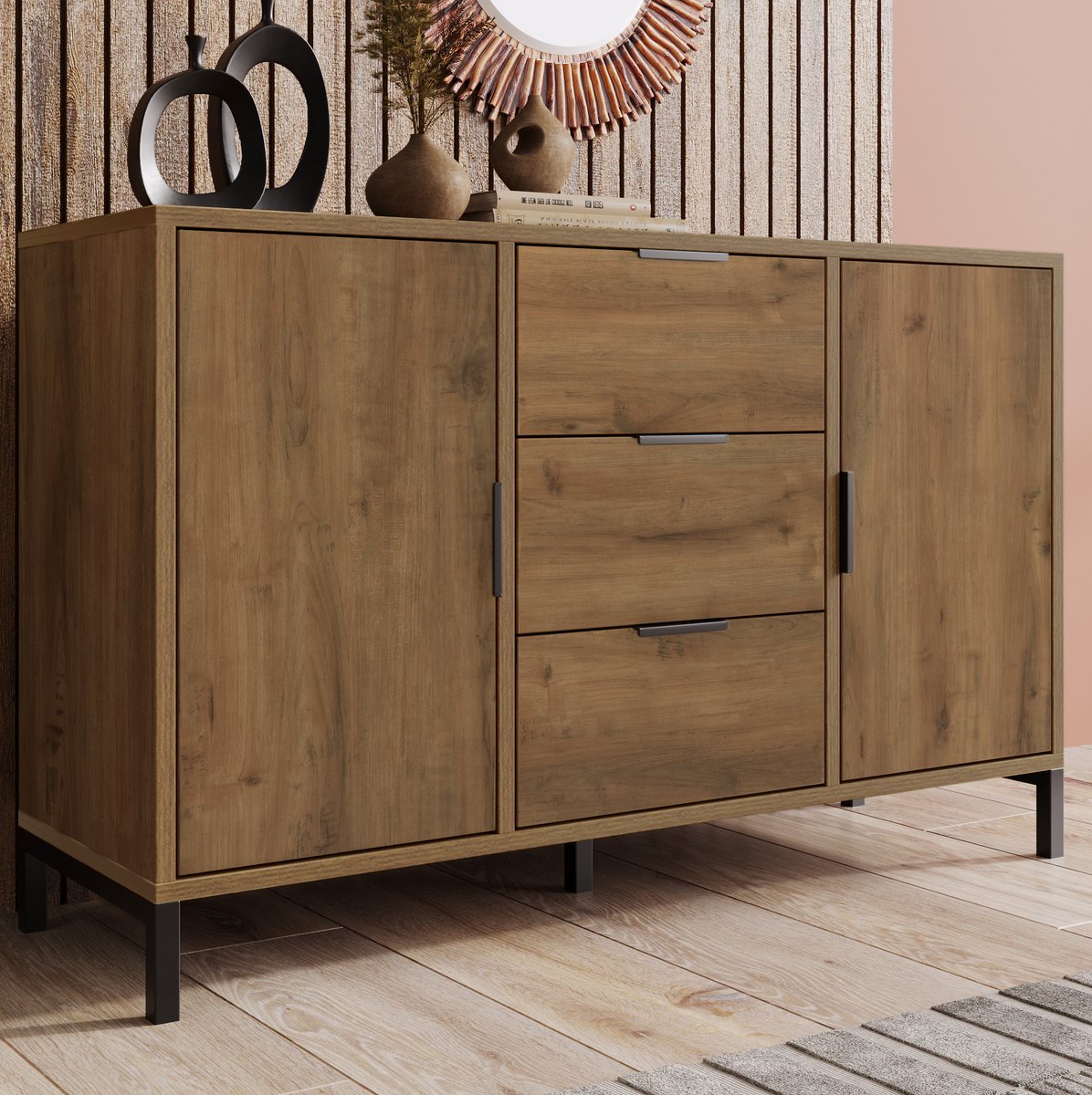 HAUSS SPOLE Dressoir - 2 Deuren, 3 Lades En Verstelbare Plank - Voor Slaapkamer En Woonruimte - Spaanplaat En Metaal - Donker Eiken