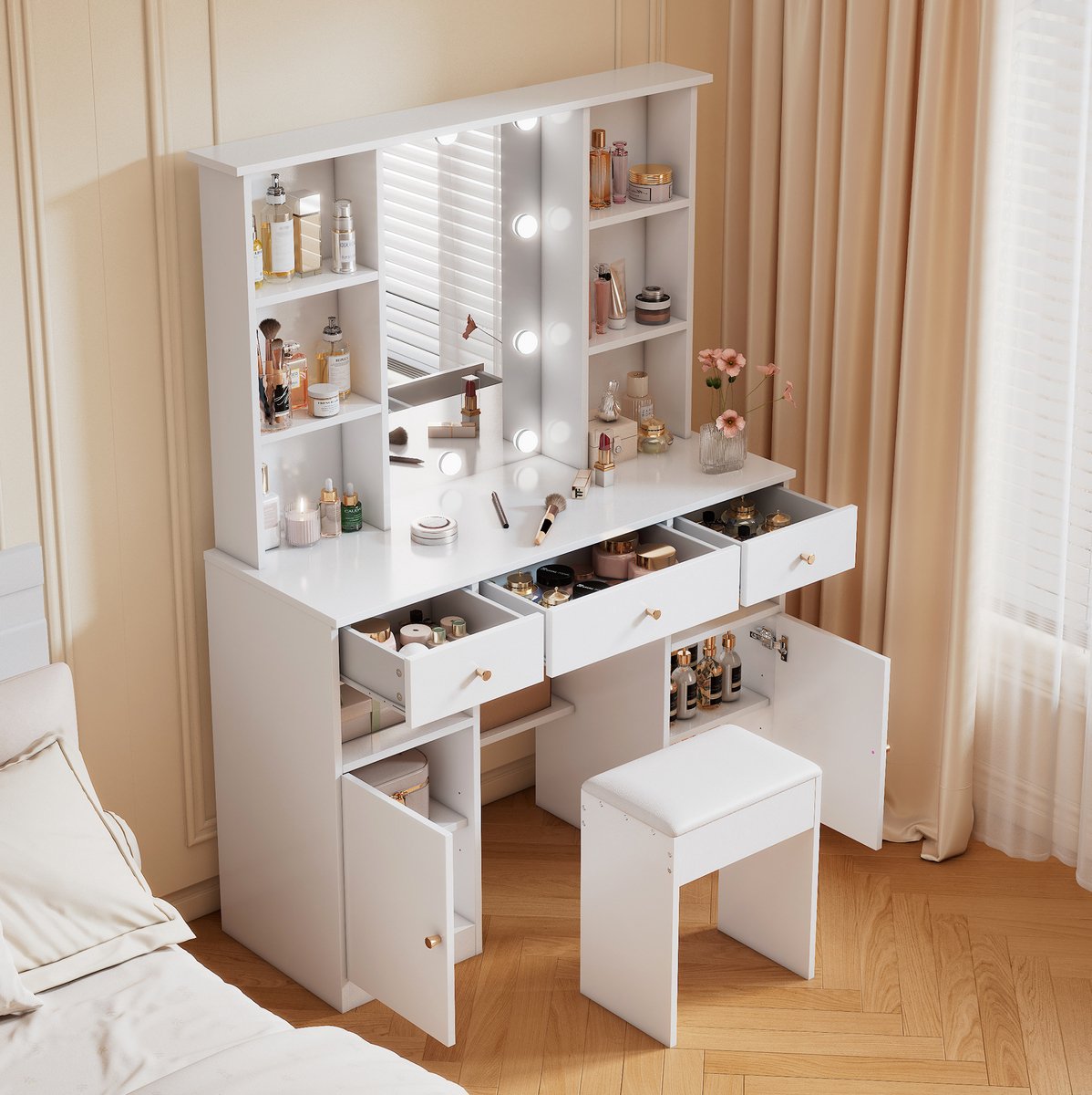 HAUSS SPOLE Kaptafel - Met Spiegel En Instelbare Ledverlichting - Met 3 Lades En 2 Deuren Voor Slaapkamer - Spaanplaat - 110x40x151 Cm - Wit