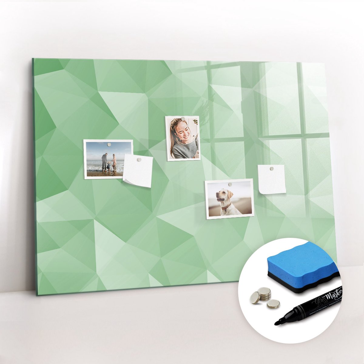 Tulup Whitebord - Kleurrijke abstracte driehoeken - 100 x 70 cm - Groente Memo Bord - Gratis 5 Sterke Magneten + Whiteboard Marker & Wisser - Scandinavisch Design Bord - Memobord Glas - Notitiebord Werkplek