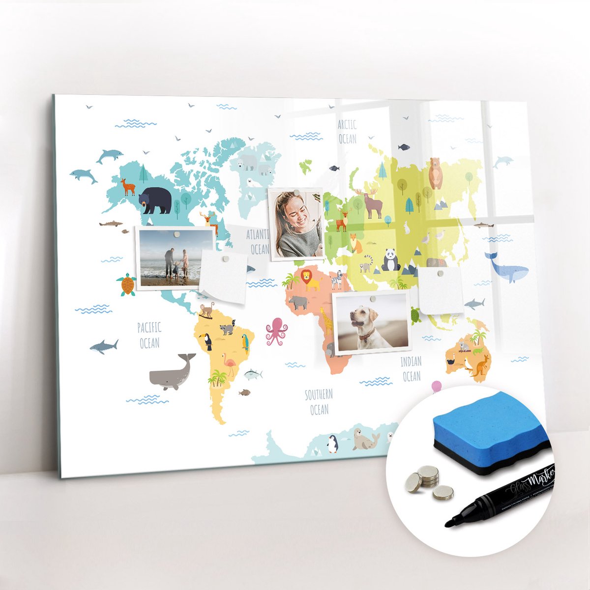 Tulup Whitebord - Natuurkaart van de wereld - 100 x 70 cm - Veelkleurig Magnetisch Memobord - Gratis 5 Sterke Magneten + Whiteboard Marker & Wisser - Scandinavisch Design Bord - Memobord Keuken - Organiseer Je Bureau