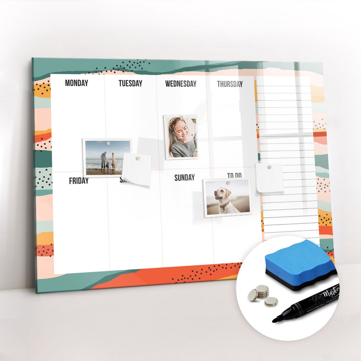 Tulup Whitebord - Retro weekplanner - 100 x 70 cm - Veelkleurig Magnetisch Memobord - Gratis 5 Sterke Magneten + Whiteboard Marker & Wisser - Minimalistisch Prikbord - Magnet Board - Planning Muur