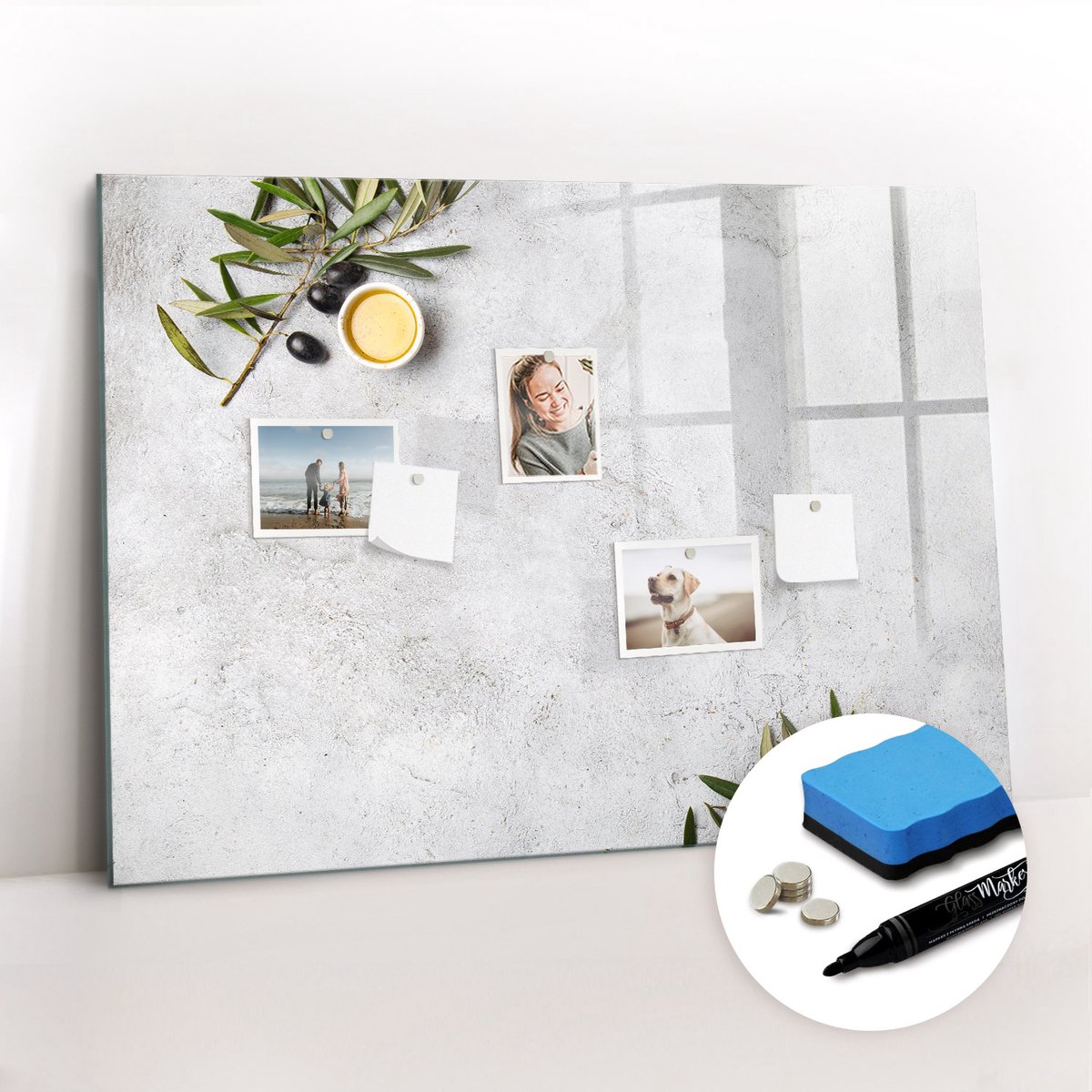 Tulup Whitebord - Minimalistische olijven - 100 x 70 cm - Grijs Magneetbord Keuken - Gratis 5 Sterke Magneten + Whiteboard Marker & Wisser - Interieur Accessoires Kantoor - Magnetisch Bord - Ideeënbord Thuiswerkplek
