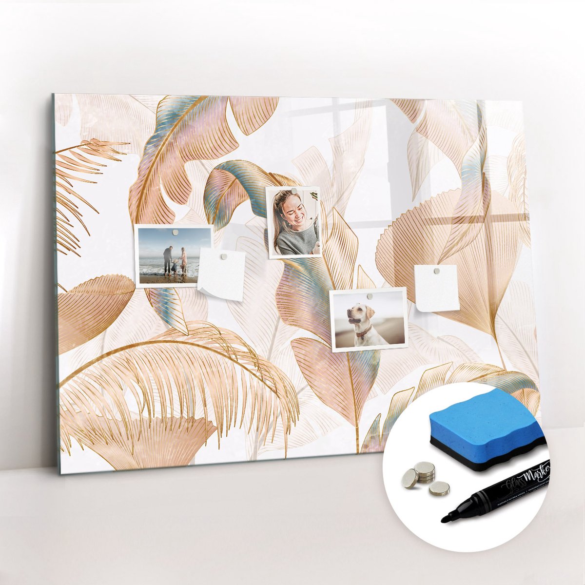 Tulup Whitebord - Natuurlijk bladpatroon - 100 x 70 cm - Veelkleurig Memobord Magnetisch - Gratis 5 Sterke Magneten + Whiteboard Marker & Wisser - Organizer Muur - Magneetbord Rechthoekig - Organiseer Je Bureau