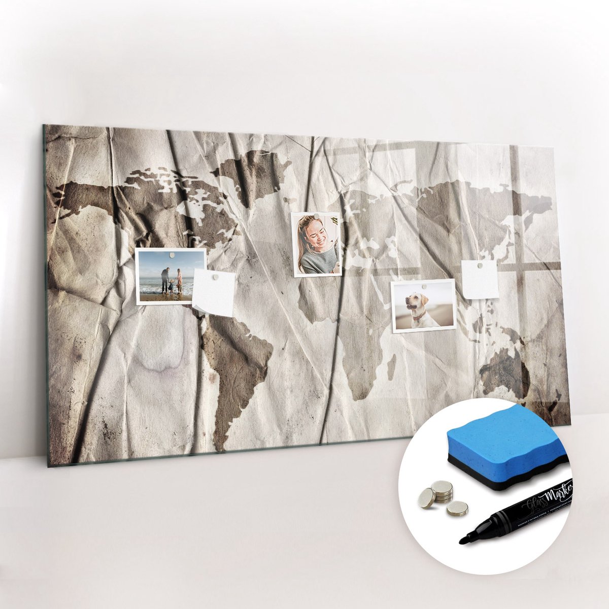 Tulup Whitebord - Wereldkaartpatroon - 120 x 60 cm - Grijs Memobord Keuken - Gratis 5 Sterke Magneten + Whiteboard Marker & Wisser - Wanddecoratie Kantoor - Magneetbord Rechthoekig - Inspiratiebord Kantoor