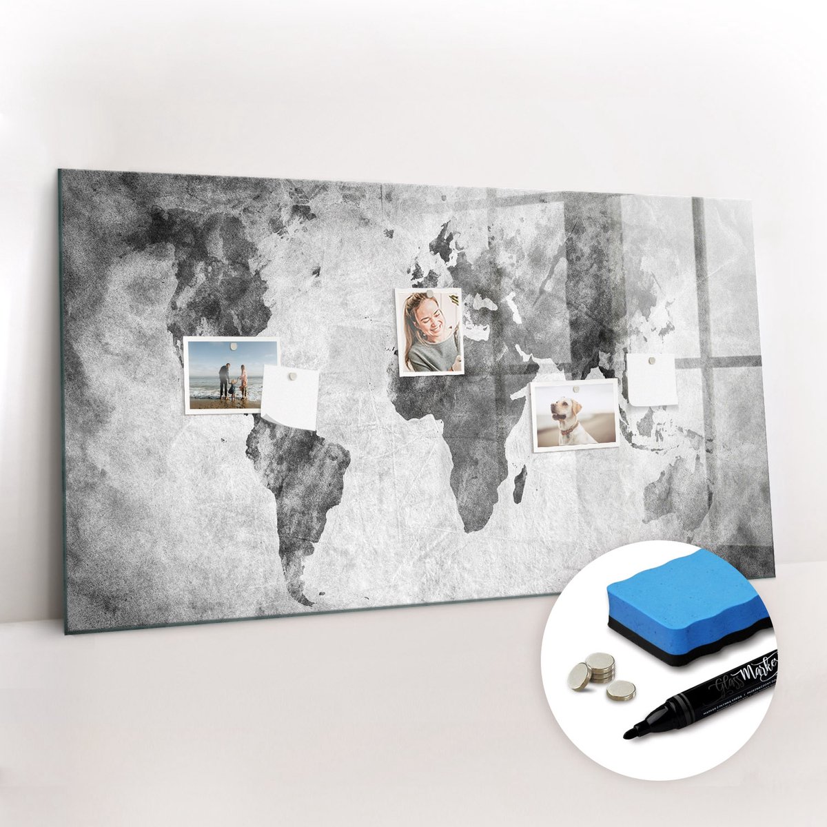 Tulup Whitebord - Geografische wereldkaart - 120 x 60 cm - Zwart-wit Magnetic Board - Gratis 5 Sterke Magneten + Whiteboard Marker & Wisser - Interieur Accessoires Kantoor - Magnetisch Bord Kind - Inspiratiebord Kantoor