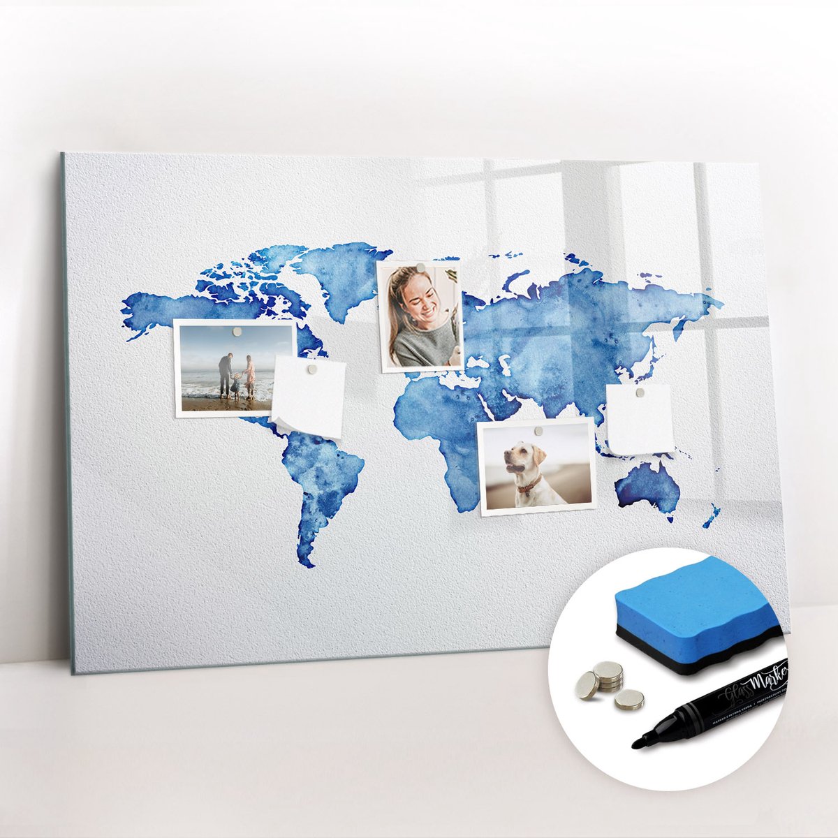 Tulup Whitebord - Pastel wereldkaart - 90 x 60 cm - Blauw Memobord Keuken - Gratis 5 Sterke Magneten + Whiteboard Marker & Wisser - Moderne Wanddecoratie - Magnetic Board - Organiseer Je Bureau