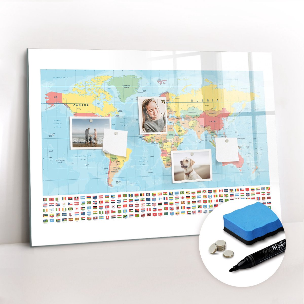Tulup Whitebord - Wereldgeografie voor school - 100 x 70 cm - Veelkleurig Memobord Magnetisch - Gratis 5 Sterke Magneten + Whiteboard Marker & Wisser - Wanddecoratie Kantoor - Magnetisch Wandbord - Ideeënbord Thuiswerkplek