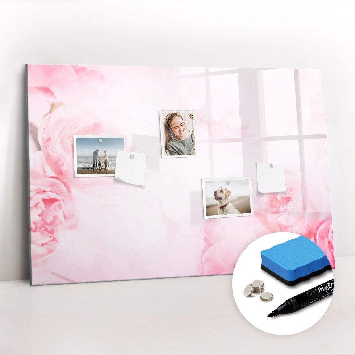 Tulup Whitebord - Bloeiende tuinbloemen - 90 x 60 cm - Roze Memo Magneetbord - Gratis 5 Sterke Magneten + Whiteboard Marker & Wisser - Design Memobord - Foto Magneetbord - Ideeënbord Thuiswerkplek