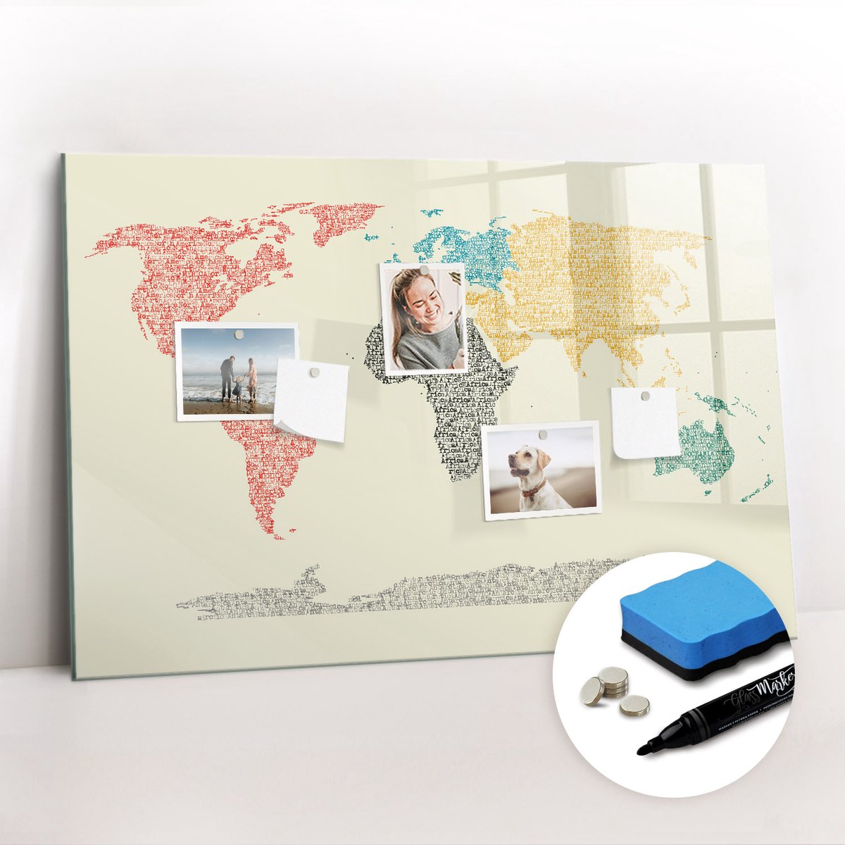 Tulup Whitebord - Een wereldkaart gemaakt van letters - 90 x 60 cm - Veelkleurig Magneetbord Muur - Gratis 5 Sterke Magneten + Whiteboard Marker & Wisser - Industrieel Wandbord - Magnetisch Wandbord - Productiviteit Tools