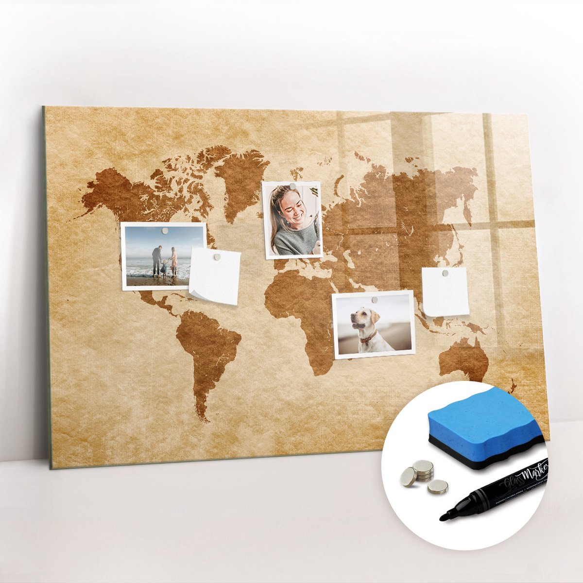 Tulup Whitebord - Wereldkaart in ouderwetse stijl - 90 x 60 cm - Bruin Magneetbord Design - Gratis 5 Sterke Magneten + Whiteboard Marker & Wisser - Wanddecoratie Kantoor - Memobord Magnetisch - Inspiratiebord Kantoor