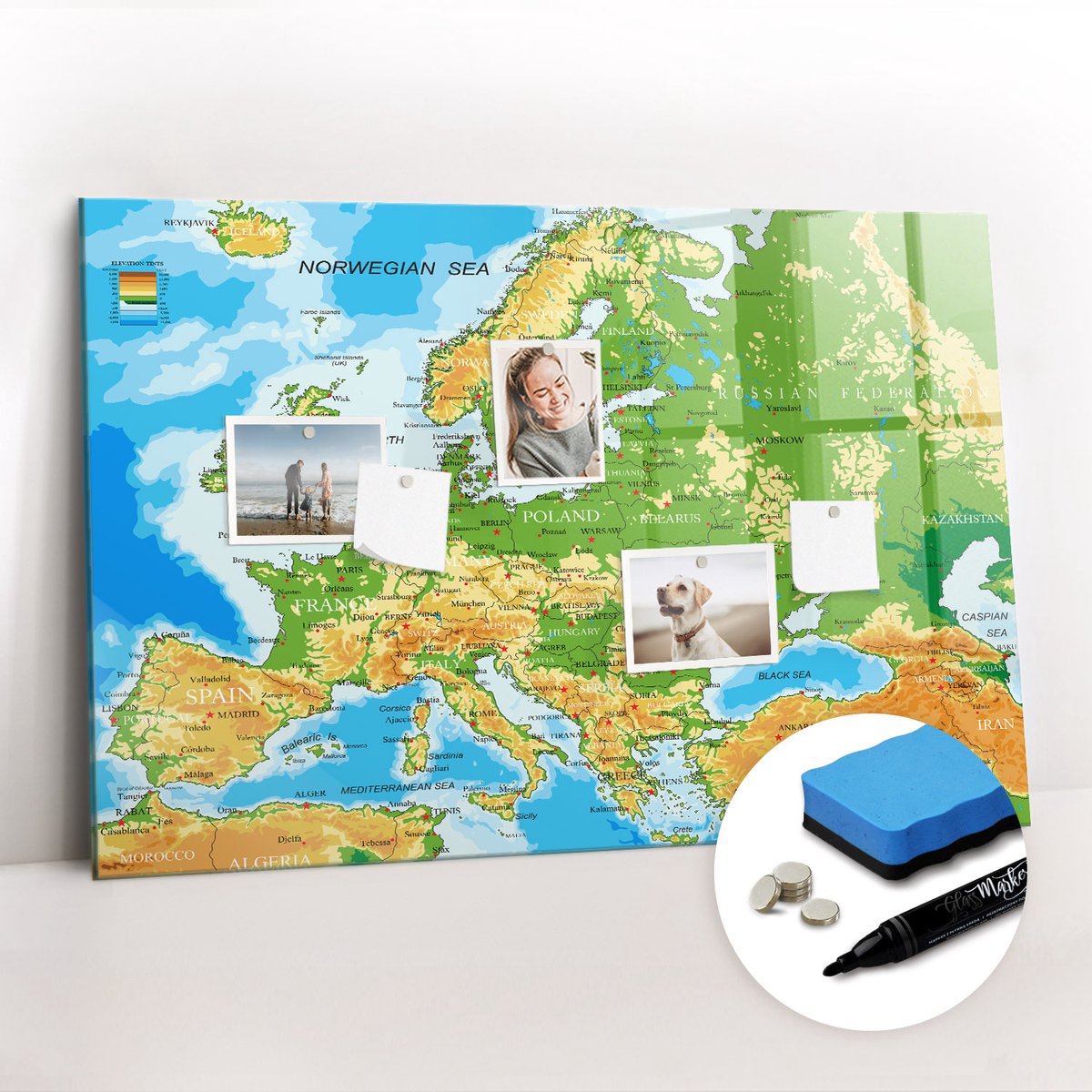 Tulup Whitebord - Wereldkaart voor school - 90 x 60 cm - Veelkleurig Magneetbord Muur - Gratis 5 Sterke Magneten + Whiteboard Marker & Wisser - Scandinavisch Design Bord - Magnetisch Wandbord - Organiseer Je Bureau
