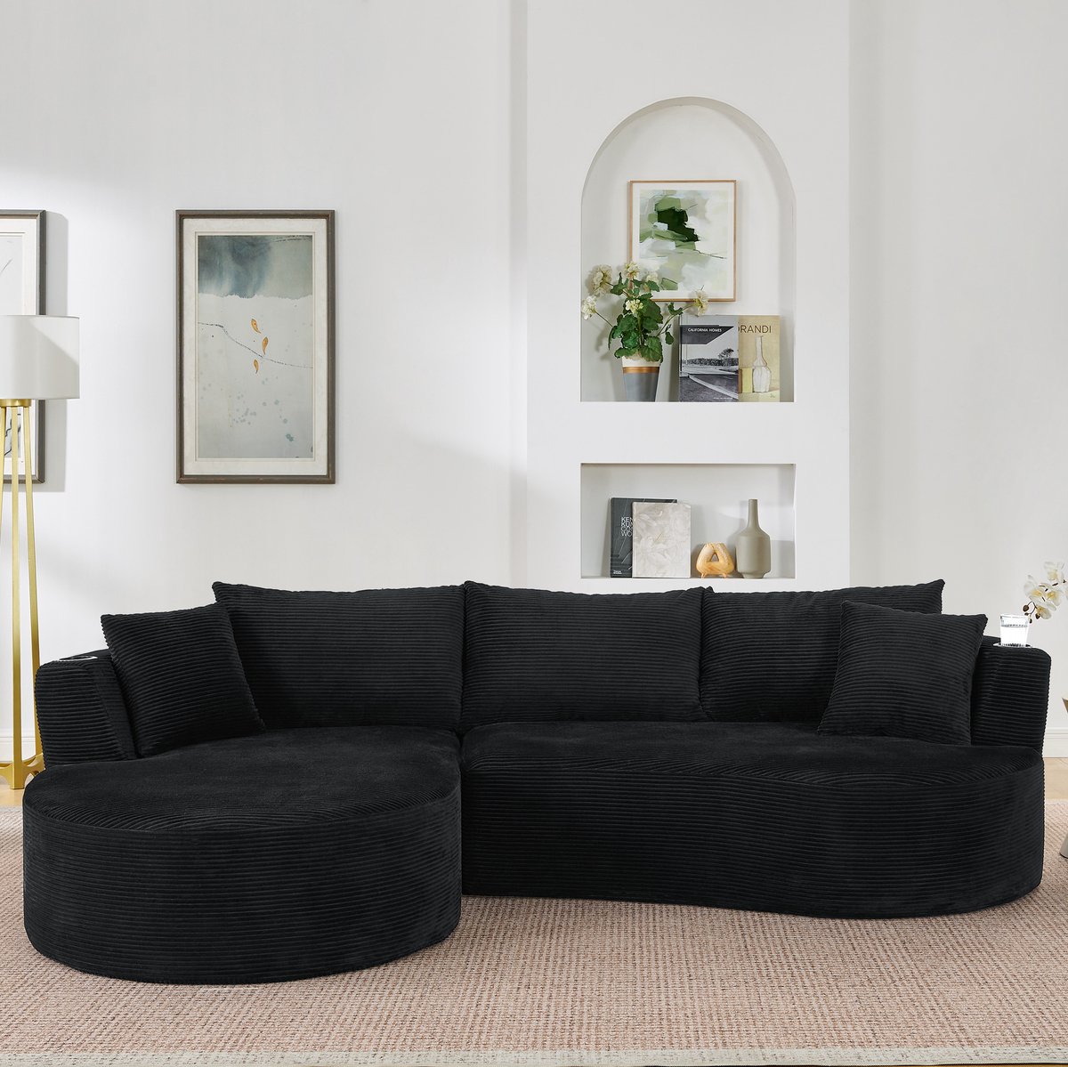 FloraGrace Zitbank 264 x 168 cm - Bogenvormige 3-Zits Met Linkse Chaise Longue, Bekerhouders En Kussens - Woonkamer - Kordstof - Zwart