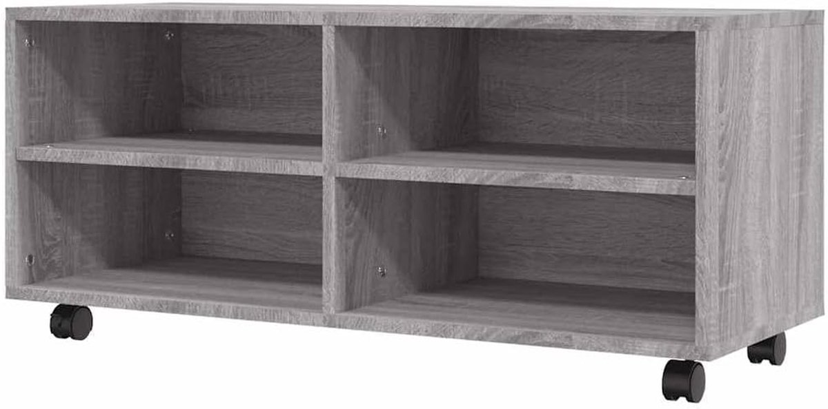 Tv-meubel met wieltjes - Mediabureau Media kast - Tv apparatuur opbergen - 4 open vakken - 90x35x35 cm - Grijs sonoma