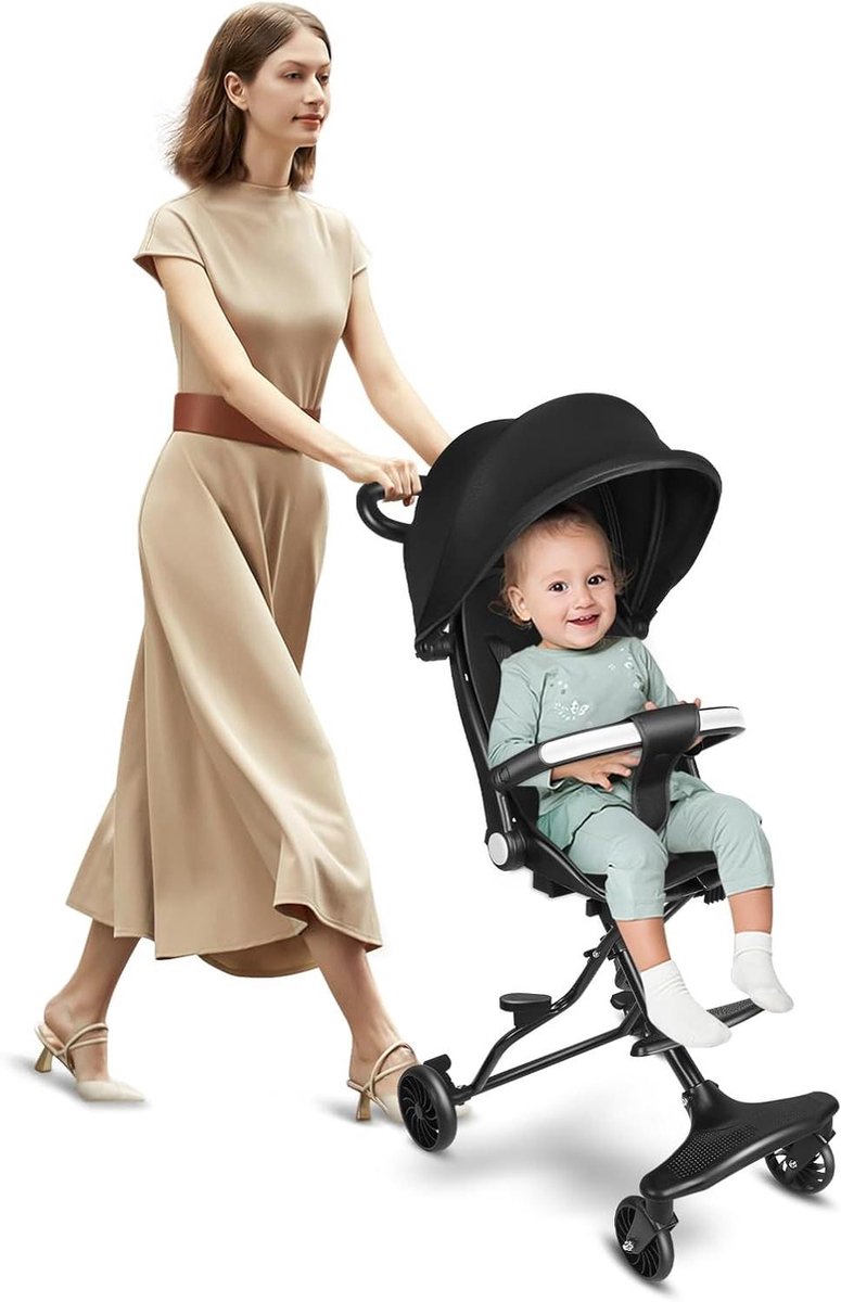 Lichtgewicht Kinderwagen - Reisbuggy Draagbare Kinderwagen - Compact Reizen - Tweeweg Draaistoel - tot 25 kg - Zwart