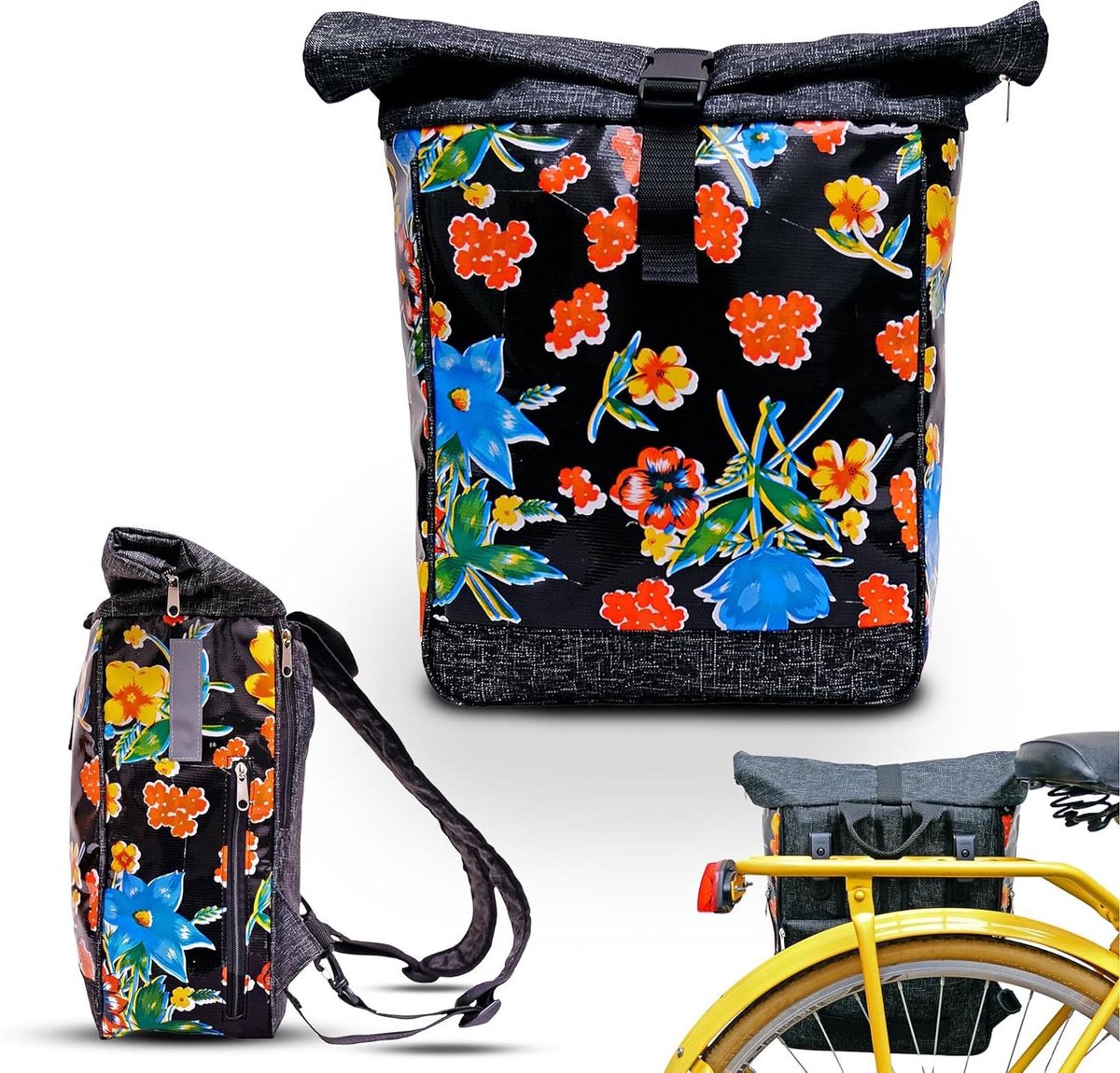 Fietstas Rugzak Combi - Fietsrugzak Paktas - Fietsen en Vervoeren - Waterdicht Zeildoek - 32x29x14 cm - Bloemen