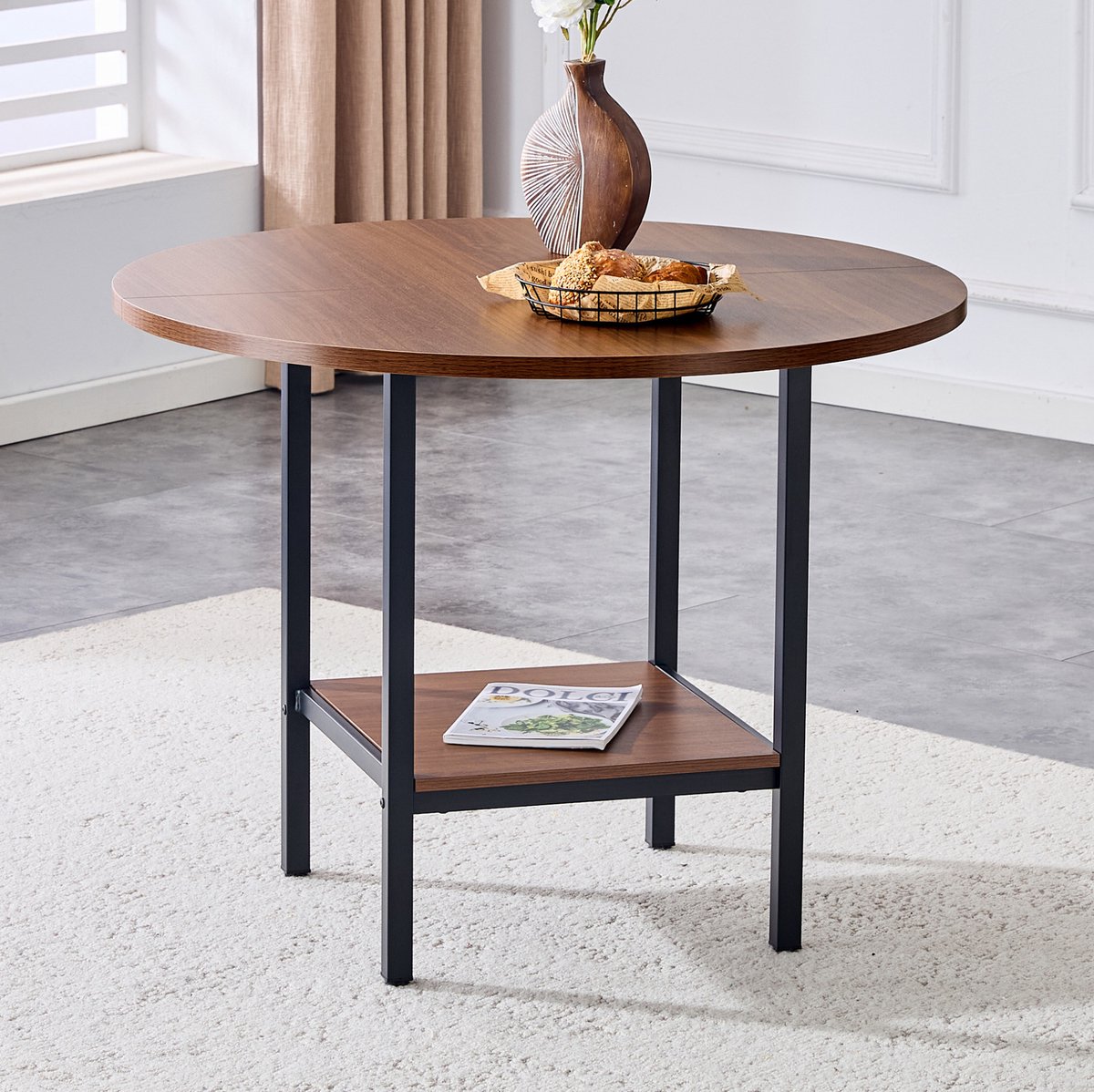 MIVRAY Eettafel - Ronde Tafel Met Opbergplank Voor 4 Tot 6 Personen - Modern Voor Keuken En Eetkamer - MDF En Metaal - 100x77 Cm - Walnoot
