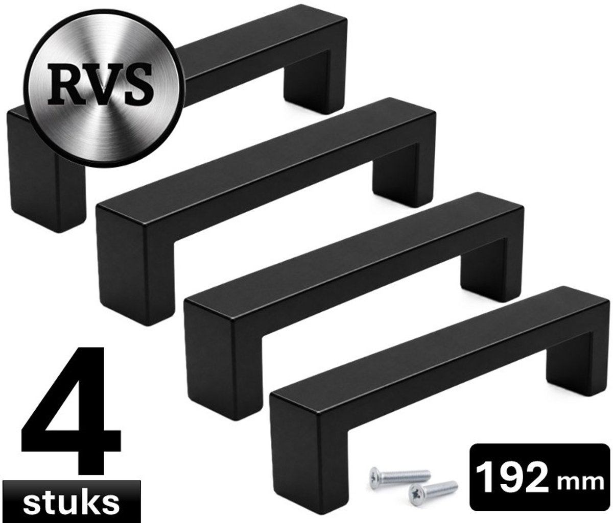 4 X MSQDESIGN Zwarte RVS Handgrepen 192 mm - Handgreep zwart - Handgrepen keukenkastjes - Keukengrepen zwart - Kastgrepen - Meubelgrepen - Handgrepen deurtjes kast - Handgreep keuken - Deurgreepjes - ladegreep - Meubelgreep zwart