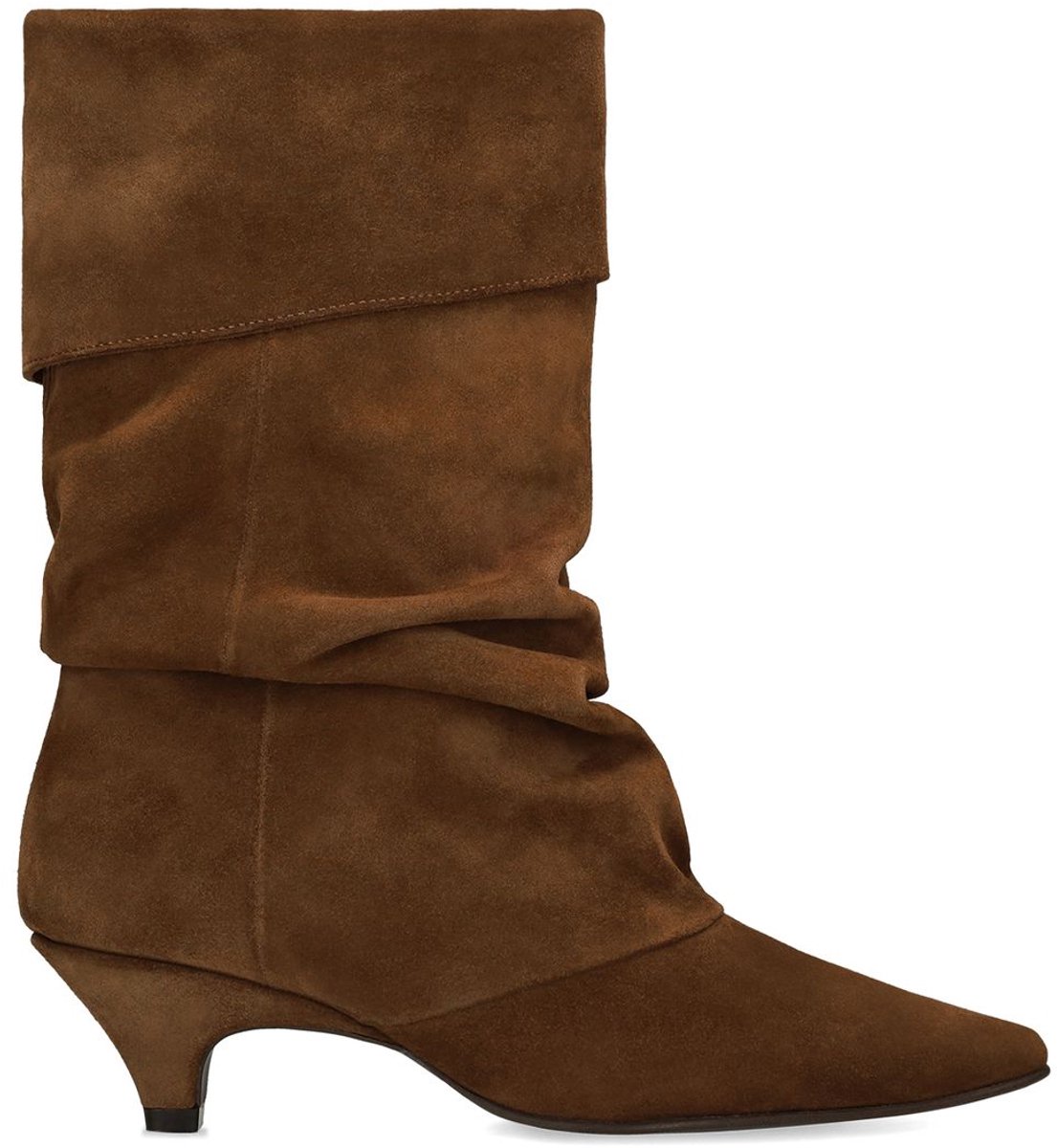 Manfield - Dames - Cognac suède slouchy enkellaarsjes met hak - Maat 36