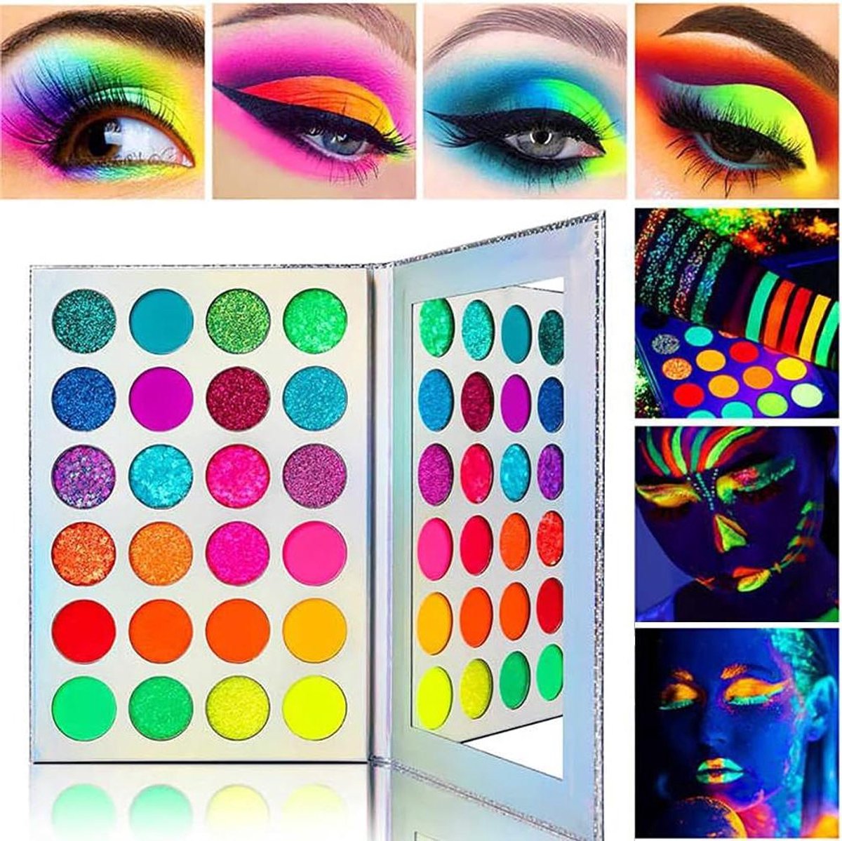 Oogschaduw Palet - Glitter Neon - Feest Make-up - UV Reactief - 24 Kleuren - Multicolor
