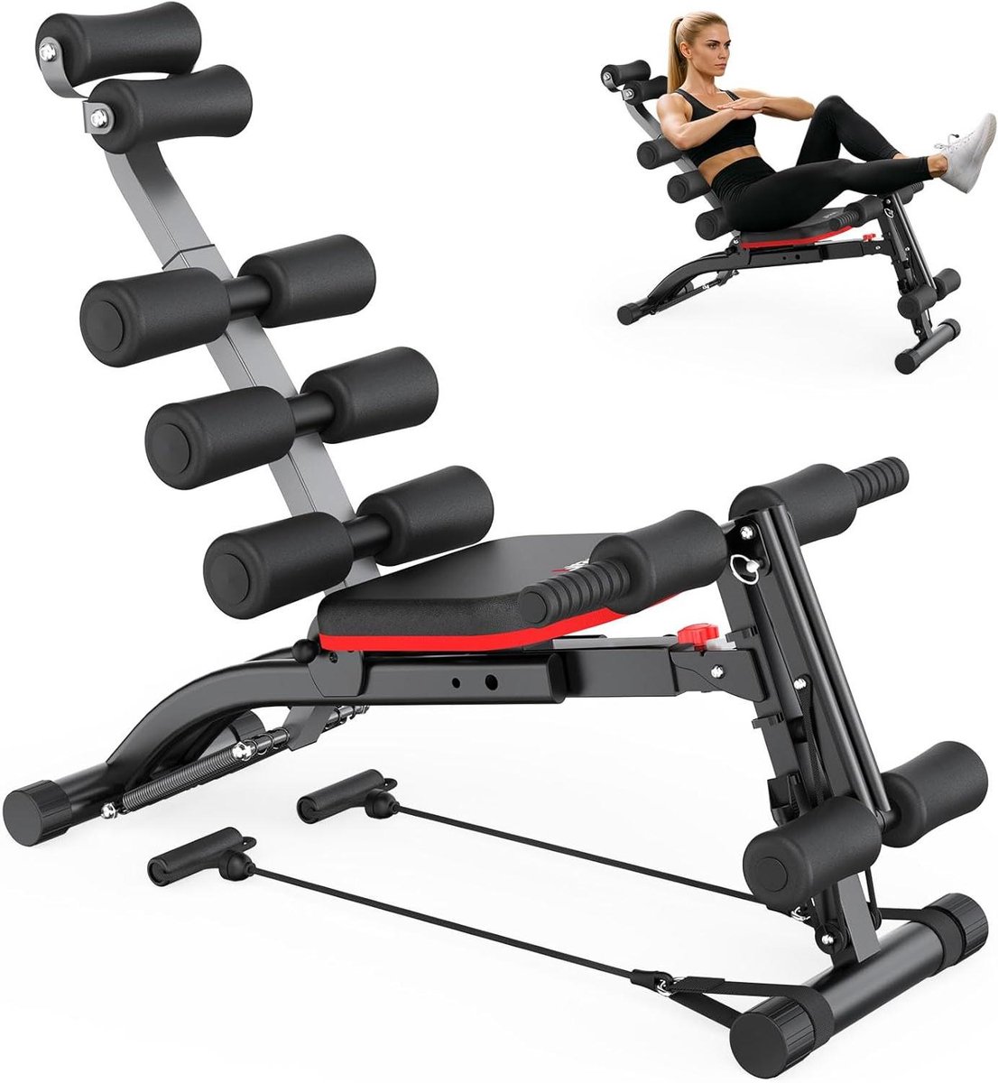 Buiktrainer met Weerstandsbanden - Buikspierbank Sit-up Bank - Core Training - Instelbare Veerweerstand - 99 x 57 x 82 cm