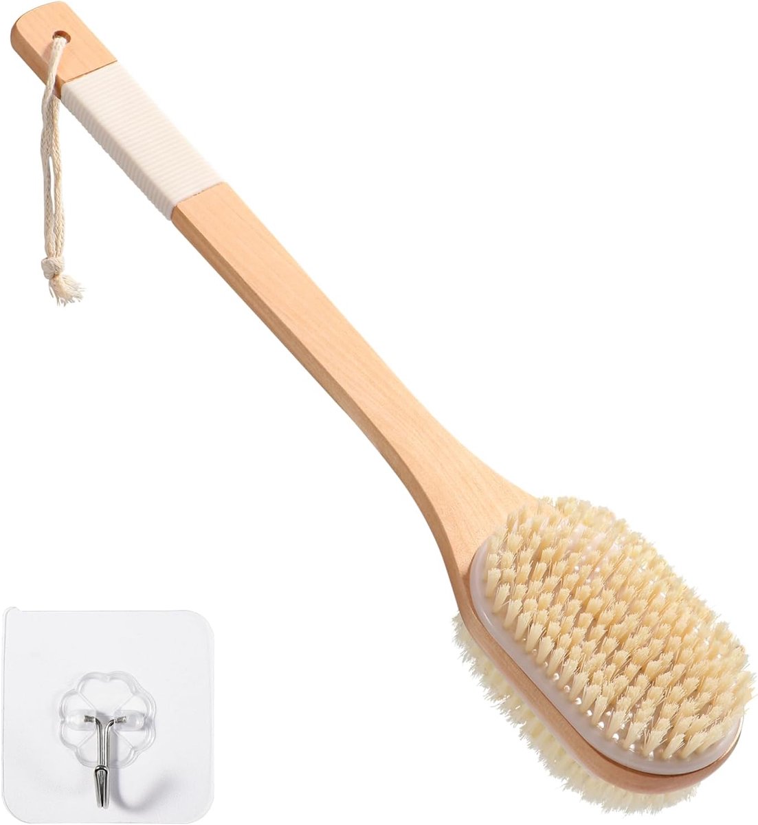 Rugborstel, douche met lange steel, natte en droge lichaamsborstel, doucheborstel, massageborstel, 43 cm lange houten handgreep, Houtkleur, Duschbürste Mit Langem Stiel, Doucheborstel met